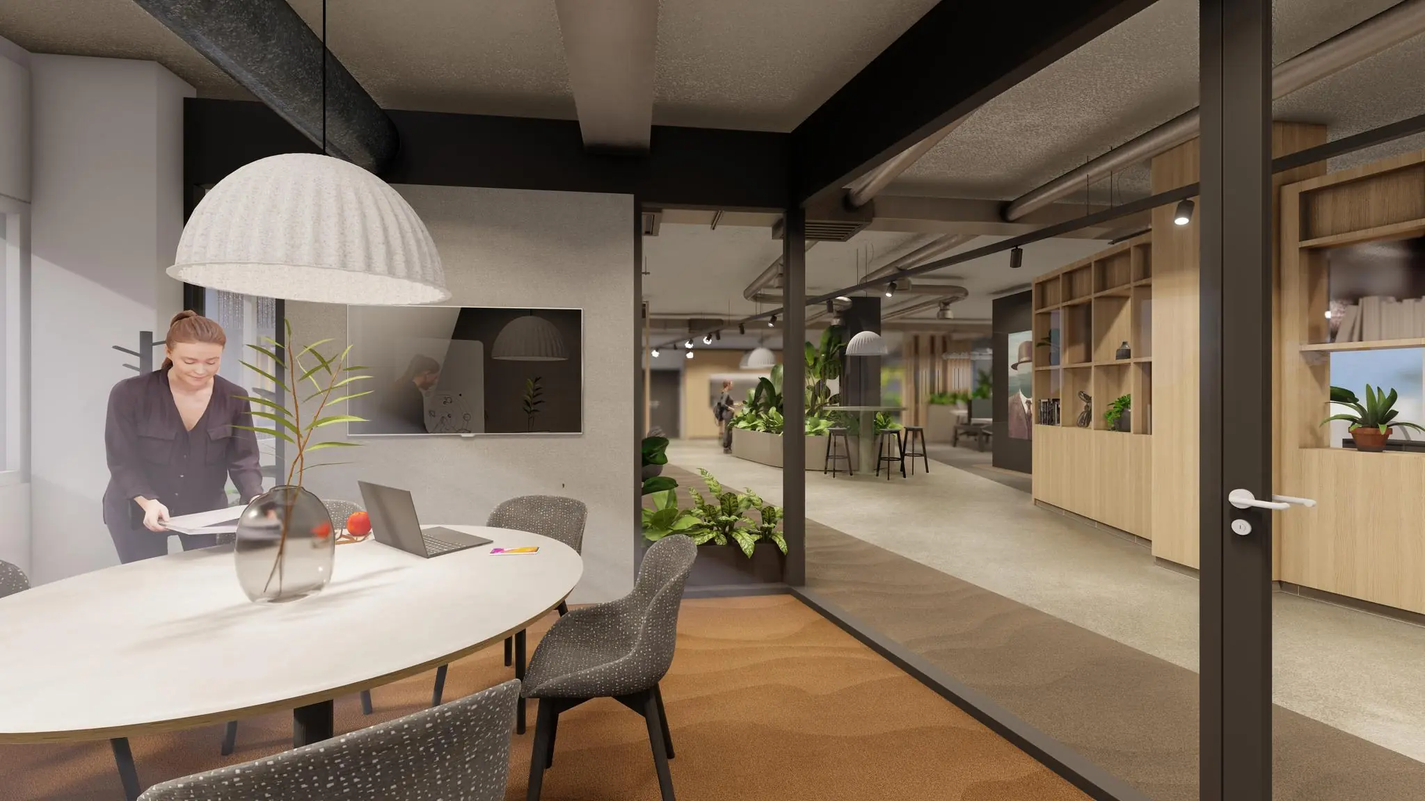 Moderne kantoorruimte aan de Marten Meesweg met een vergaderruimte, glazen wanden en een vrouw die documenten bekijkt.